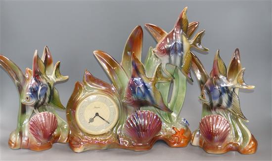 A 1960s French lustre ceramic clock garniture